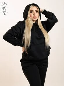 Conjunto de dos piezas termico, calido y suave holgado unicolor casual, informal y deportivo de pantalon jogger holgado con bolsillos laterales y sudadera hoodie con capucha gorro, bolsillo tipo canguro delantero amplio y cordon central para ajustarlo unicolor perfecto para gimnasio o simplemente salir a la calle - Negro - Ver 2