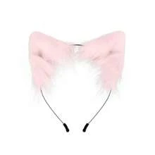 Faux Fur Cat Ears Hair Clip Furry Wolf Fox Tail Bell Leather Neck Chocker Cosplay Set - 粉色 - 查看 4