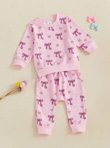 Baby Girls 2-Piece Outfit, Bow Print Long Sleeve Crew Neck Sweatshirt With Elastic Waist Sweatpants Fall Clothes