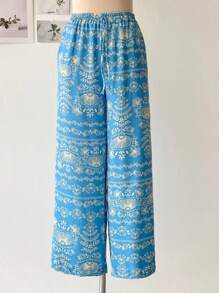 Wide-Leg Pants In Dune Fabric With Stretch Floral Print - Blue - View 1
