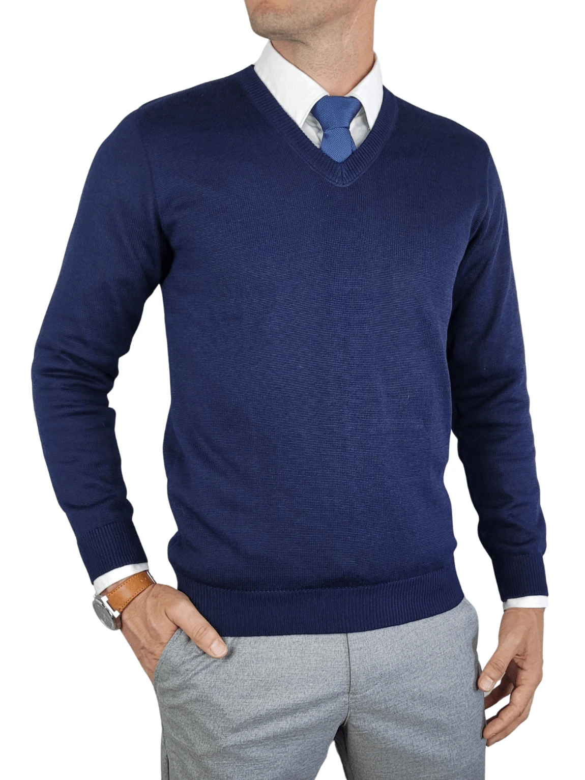 Men's Premium Knitted Sweater Blouse With V-Neck - Navy Blue - View 1