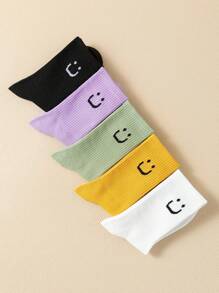 5 pares de calcetines de media pantorrilla con estampado de cara sonriente de color caramelo para mujer, estilo versátil para la vuelta al cole, cómodos, suaves y transpirables, adecuados para uso diario, informal, deportes, regalos, parejas, etc., para todas las estaciones