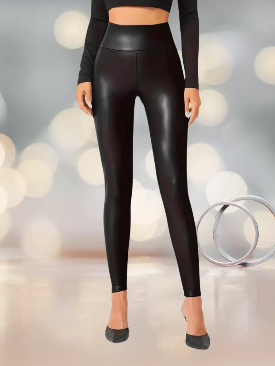 Leggings Efecto Vinipiel Afelpado. - Negro - Ver 1