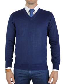 Men's Premium Knitted Sweater Blouse With V-Neck - Navy Blue - View 4