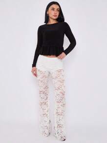 Lace Detail High Waist Flared Trousers - White - View 3