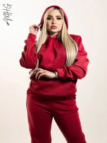 Conjunto de dos piezas termico, calido y suave holgado unicolor casual, informal y deportivo de pantalon jogger holgado con bolsillos laterales y sudadera hoodie con capucha gorro, bolsillo tipo canguro delantero amplio y cordon central para ajustarlo unicolor perfecto para gimnasio o simplemente salir a la calle - Rojo - Ver 2