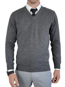 Men's Premium Knitted Sweater Blouse With V-Neck - Dark Grey - View 3