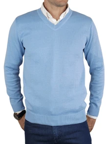 Men's Premium Knitted Sweater Blouse With V-Neck - 淺藍色 - 查看 1