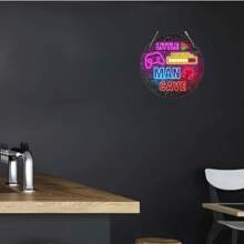 1pc Neon Gamer Wooden Hanging Sign - "Little For Man Cave" Round Wall Art Decor With Game Controller And Headset, Suitable For Game Room Decoration, Random Style - Multicolor - View 4