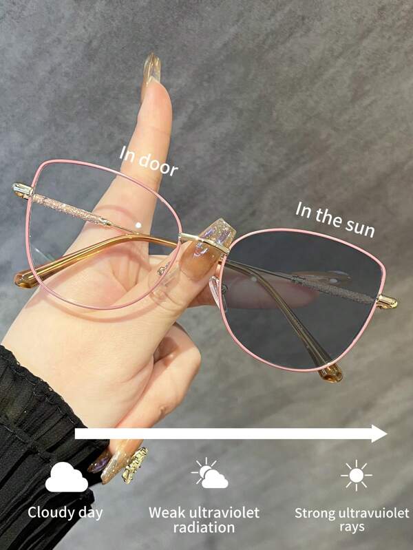 1 pieza Gafas de moda con marco metálico geométrico cromático, versátiles de uso casual al aire libre con tinte neutro, color rosa claro para verano, playa, viajes y exterior