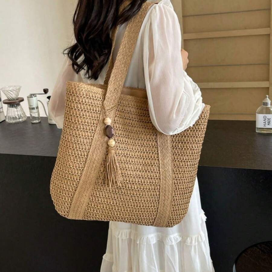 Summer Straw Bag Women's New Versatile Single-Shoulder Hand-Woven Large-Capacity 8040 - 卡其色 - 查看 1