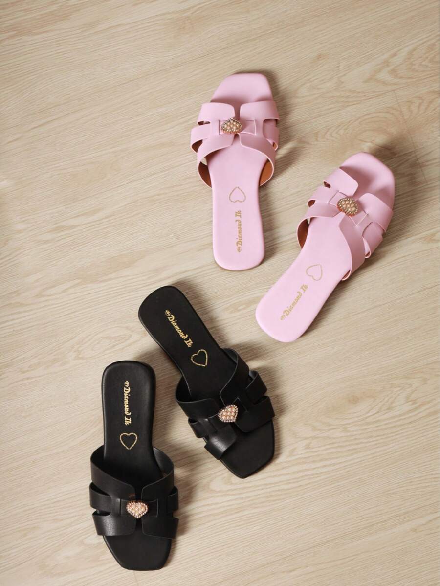 Paquete de dos pares de sandalia plana para dama, punta abierta, perfectas para cualquier ocasión. - Negro - Ver 1