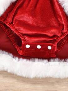 Conjunto navideño para niña recién nacida, mono de terciopelo, vestido con ribete de felpa, mono de Papá Noel de manga larga, gorro navideño, conjuntos adorables - Rojo - Ver 6