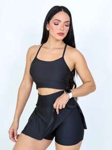 Fitness Set Shorts Skirt + Strappy Top With Padded Bra - Black - View 6