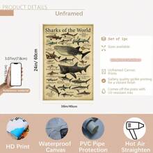 Shark Species Wall Art Poster 1PC - Vintage Ocean Canvas Posters For Home & Office Decor, Optional Frame Educational Marine Life Illustration, Ideal For Bedroom Decor, Living Room Decor, Classroom Decor- Perfect Gift For Sea Life Enthusiasts , Wall Art With Frame
