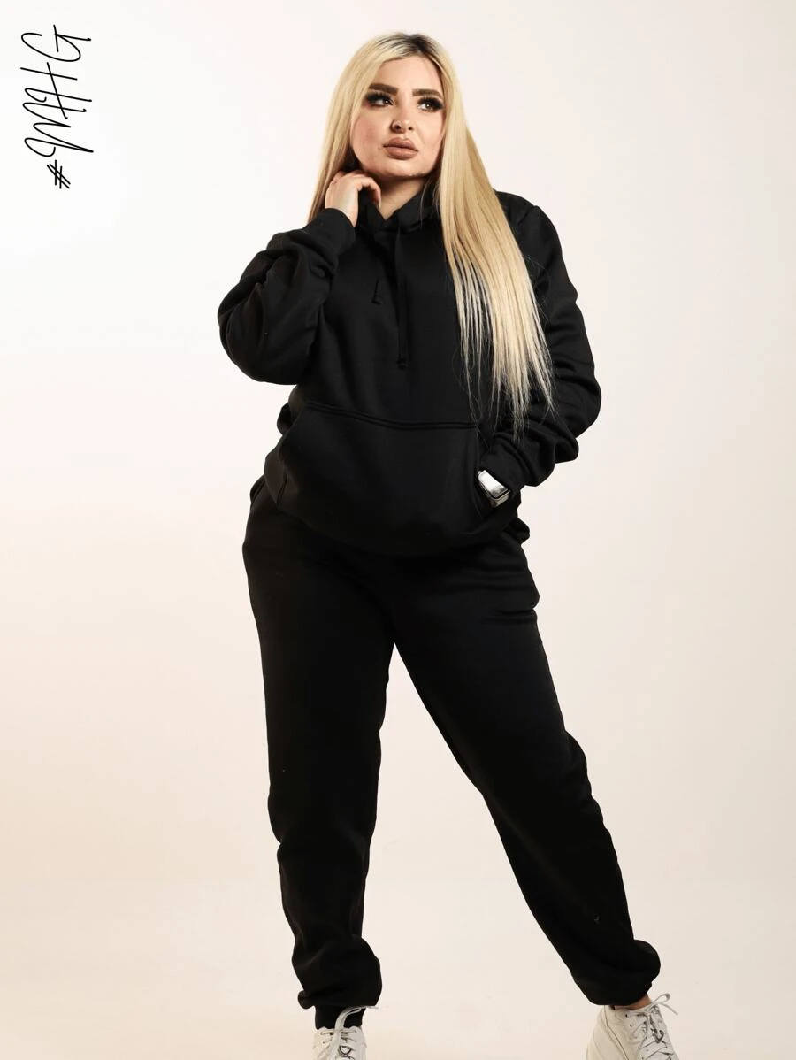 Women Solid Drawstring Hoodie & Sweatpants - Black - View 1