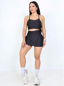 Fitness Set Shorts Skirt + Strappy Top With Padded Bra - Black - View 1