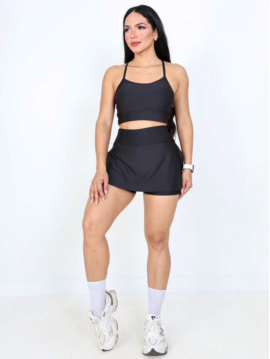 Fitness Set Shorts Skirt + Strappy Top With Padded Bra - Black - View 1