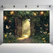 1pc Charming Forest Butterfly Garden Background Banner, Polyester Material, Multi-Size Selection, Party Photography Background, Suitable For Outdoor Weddings And Fairy Tale Parties, Universal Theme, No Electricity Required