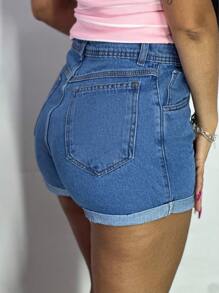 Short Mom Jeans, Plain And With Details - 藍色 - 查看 4