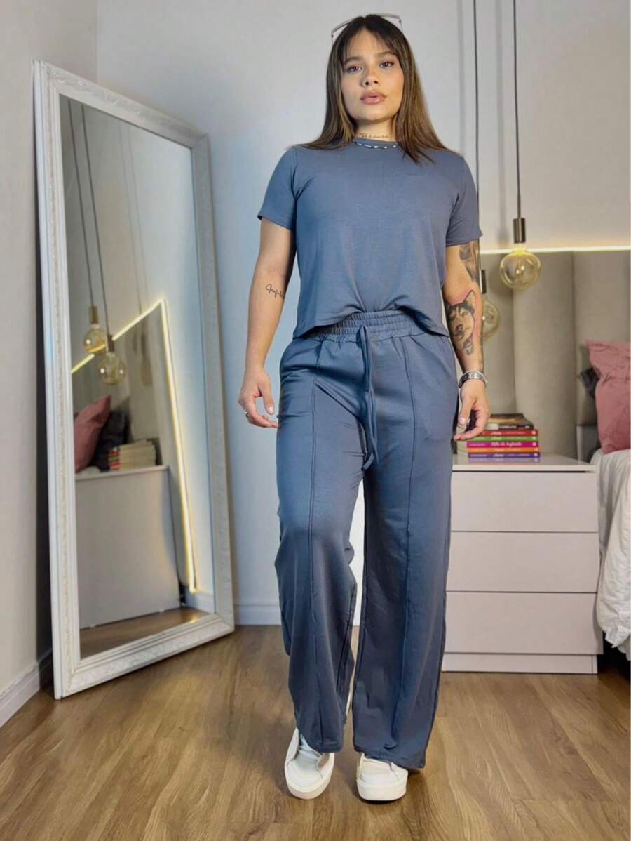Women's Set Of Wide Leg Pants And Comfortable Sweatshirt Top Summer - 深灰色 - 查看 1