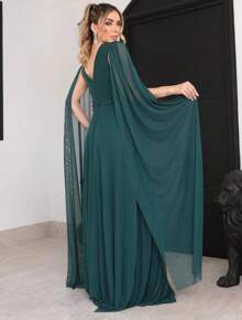 Long Bridesmaid Dress With Cape Sleeves For Party Guests, Terracotta, Marsala, Fuchsia, Emerald, Mint Green, Serenity Or Navy Blue - 軍綠色 - 查看 2