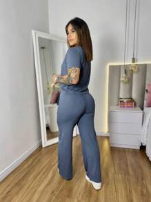 Women's Set Of Wide Leg Pants And Comfortable Sweatshirt Top Summer - 深灰色 - 查看 2