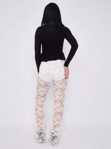 Lace Detail High Waist Flared Trousers - White - View 4