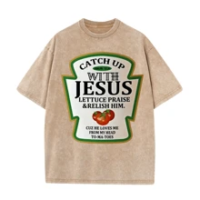 Catchup With Jesus Shirt Funny Christian Gift T-Shirt Cute Personalized Top T-Shirts Cotton Men Tops Shirts Personalized Funny Cotton Men's Clothing Christian Unisex Streetwear - 卡其色 - 查看 1