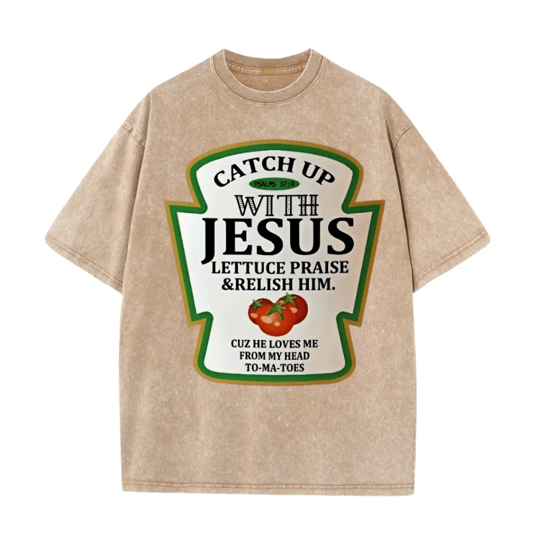 Catchup With Jesus Shirt Funny Christian Gift T-Shirt Cute Personalized Top T-Shirts Cotton Men Tops Shirts Personalized Funny Cotton Men's Clothing Christian Unisex Streetwear - 卡其色 - 查看 1
