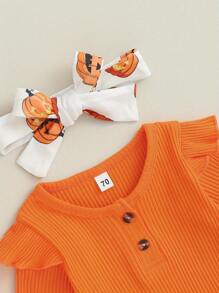 Baby Girls Fall Outfit, Long Sleeve Romper With Pumpkin/Ghost Print Flare Pants And Headband Halloween Clothes - Orange - View 4