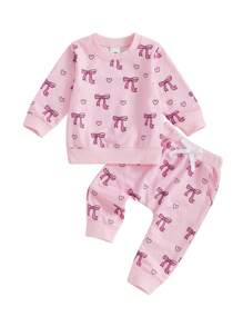 Baby Girls 2-Piece Outfit, Bow Print Long Sleeve Crew Neck Sweatshirt With Elastic Waist Sweatpants Fall Clothes