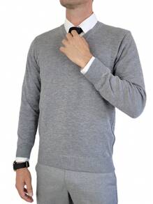 Men's Premium Knitted Sweater Blouse With V-Neck - Grey - View 3