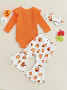 Baby Girls Fall Outfit, Long Sleeve Romper With Pumpkin/Ghost Print Flare Pants And Headband Halloween Clothes - Orange - View 3