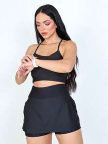 Fitness Set Shorts Skirt + Strappy Top With Padded Bra - Black - View 4