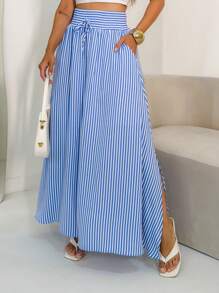 AMY FASHION LONG STRIPED SKIRT WITH SLIT AND THICK WAIST BAG FASHION 2025 - Blue - View 3
