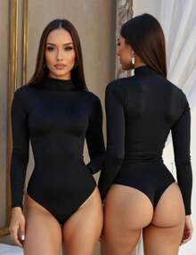 Women's Bodysuit Leotard Second Skin Long Sleeve High Neck Versatile Basic Casual Suplex - Black - View 2