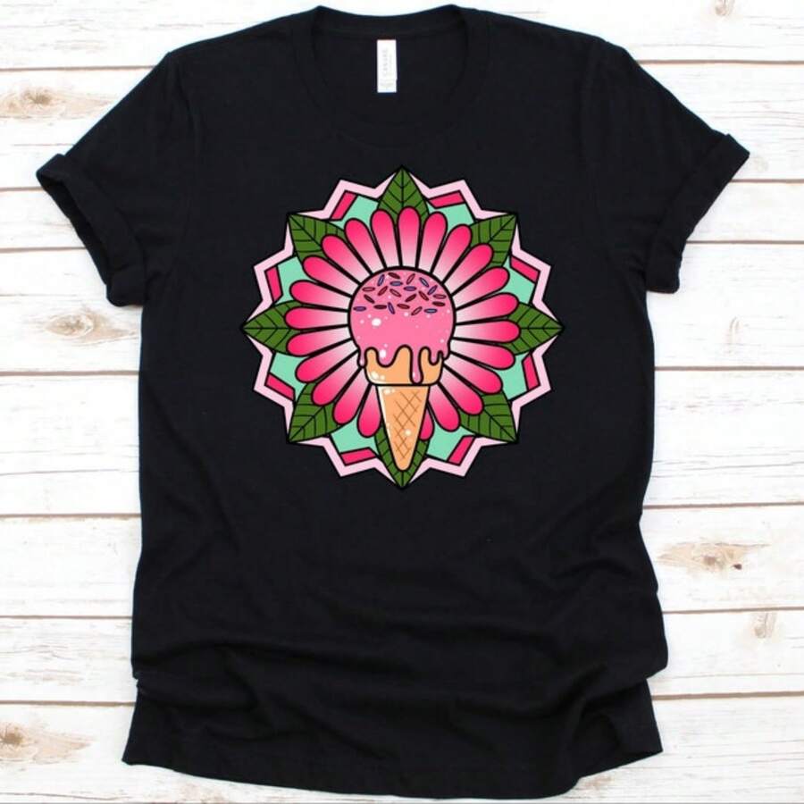 Mandala Sprinkled Ice Cream Cone Shirt, Ice Cream Cone Shirt, Ice Cream Dessert, Soft Frozen Dessert, Ice Cream Lover T-Shirt, Mandala Shirt - Noir - Voir 1