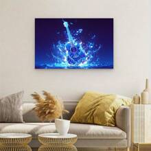 Blue Fire Guitar Canvas Print,  Musical Instrument Wall Art,  Water Splash Design,  Creative Home Decor,  Unique Guitar Artwork,High Quality, For New Year, Valentine's Day, Living Room, Bathroom, Bedroom, Kitchen, Framed Art