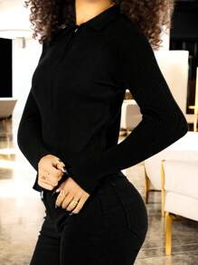 Jersey para dama tejido acanalado con cuello camisero y pedrería suéter de moda - Blanco y Negro - Ver 4