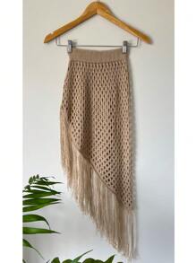 Skirt Knitted Beach Cover-Up With Fringes. - 沙 - 查看 1