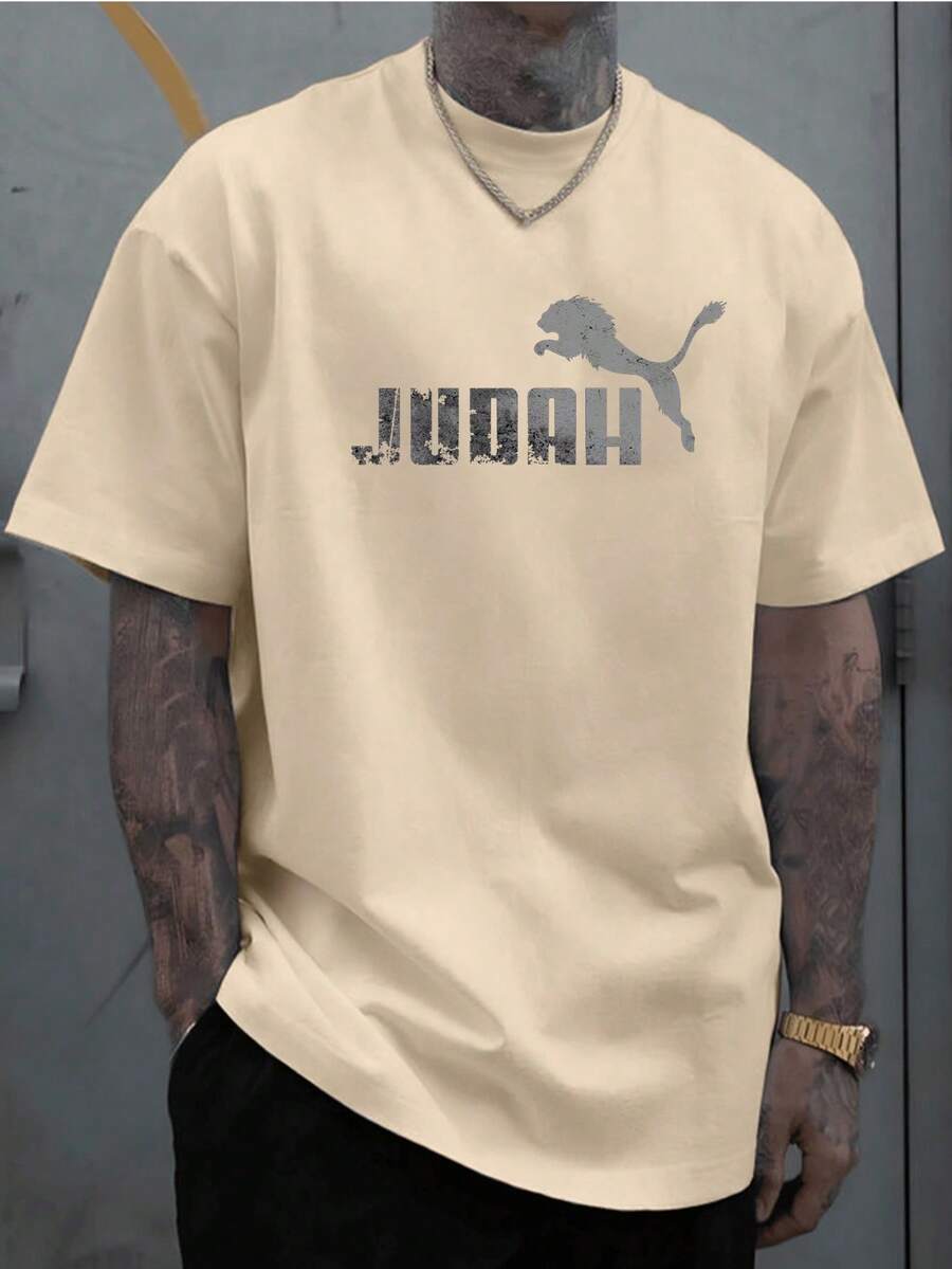 Camiseta Unissex "JUDAH" Leão Camisa Casual Premium 100% Algodão Estampa CINZA - Caqui - Visão 1