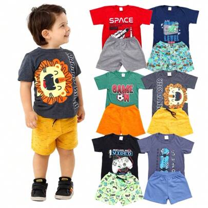 Kit 4 Peças Sortido Conjunto Infantil Menino Verão - 2 Conjuntos - Composto por 2 Camisetas + 2 Bermudas