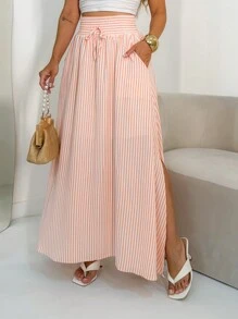 AMY FASHION LONG STRIPED SKIRT WITH SLIT AND THICK WAIST BAG FASHION 2025 - Orange - View 2