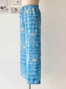Wide-Leg Pants In Dune Fabric With Stretch Floral Print - Blue - View 3