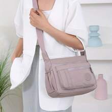 Borsa a tracolla in nylon con cerniera a grande capacità e molteplici tasche, borsa a spalla casual da donna