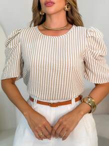 AMY FASHION STRIPED SHOULDER BLOUSE WITH RUFFLE DECIDO DUNA MODA 2024 - 米色 - 查看 4