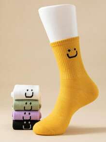 5 pares de calcetines de media pantorrilla con estampado de cara sonriente de color caramelo para mujer, estilo versátil para la vuelta al cole, cómodos, suaves y transpirables, adecuados para uso diario, informal, deportes, regalos, parejas, etc., para todas las estaciones