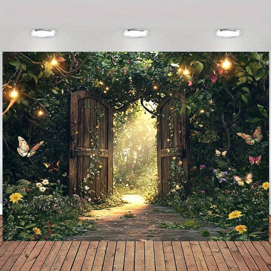 1pc Charming Forest Butterfly Garden Background Banner, Polyester Material, Multi-Size Selection, Party Photography Background, Suitable For Outdoor Weddings And Fairy Tale Parties, Universal Theme, No Electricity Required