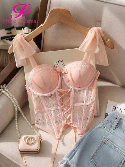 PRIMERA DAMA Corset de tirantes de encaje, interior sensual y hermoso en la espalda descubierta, top sexy en el pecho con encaje